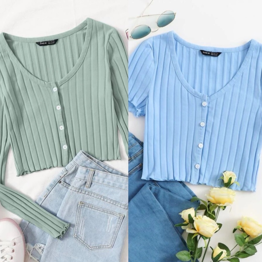 Shein Button Up Lettuce Edge Top & Button Up Rib-Knif Crop Top (Set of 2 Tops)